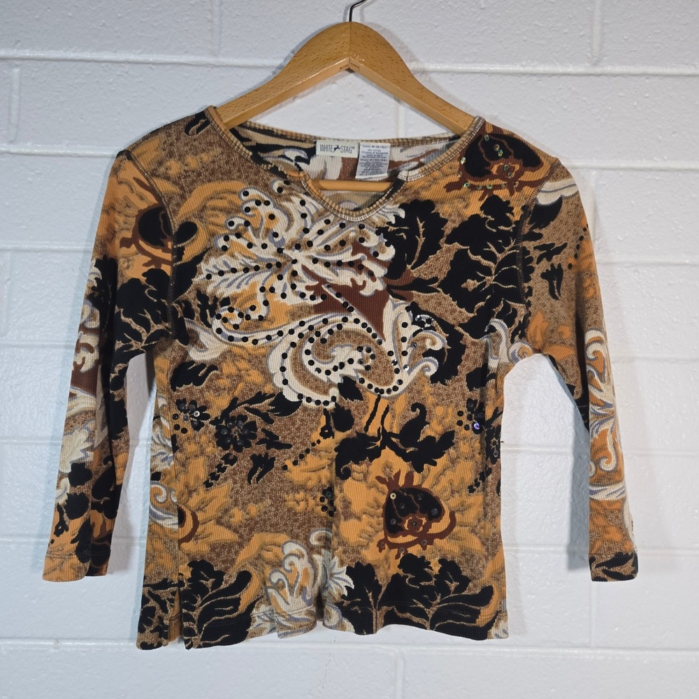 Vtg‎ Ribbed Knit Top Medium Paisley Sequin 3/4 Sleeve Embellished Boho Artsy